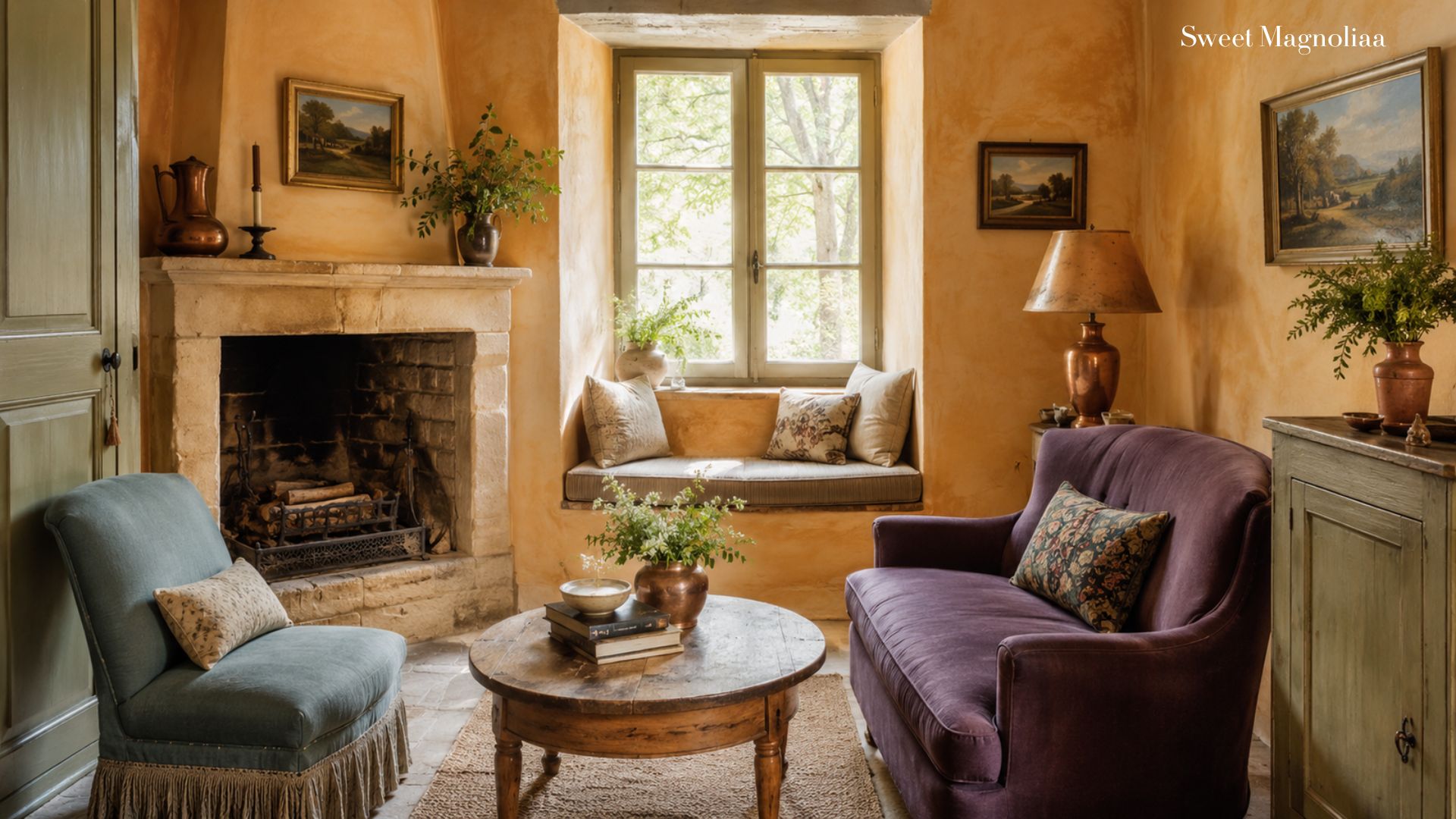 Warm ochre French cottage living room with dusty blue and plum seating, weathered wood, antique copper accents, cream linen and rustic stone fireplace.
