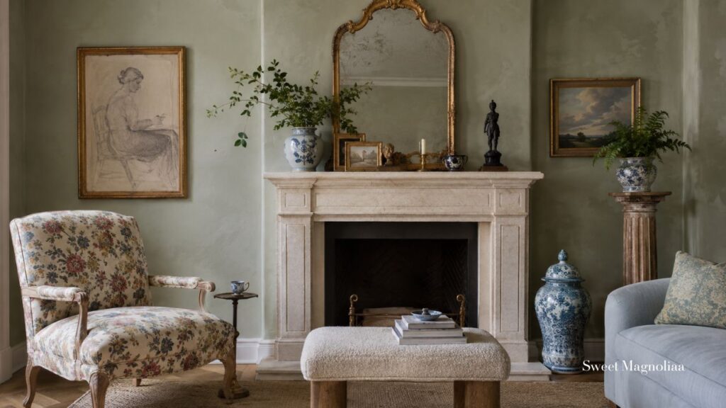 Sage green living room with a stone fireplace, floral armchair, blue and white porcelain, antique gold mirror, artwork, and soft neutral furnishings.