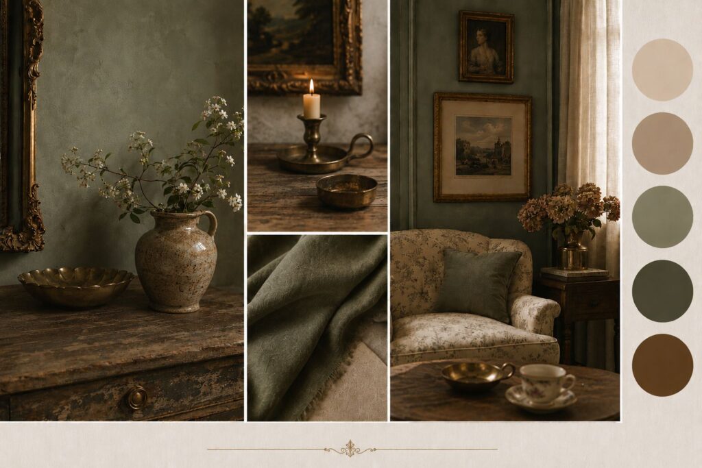 Editorial sage green interior mood board featuring antique wood furniture, aged brass, botanical flowers, textured fabrics, vintage artwork, warm neutrals, and layered traditional decor.
