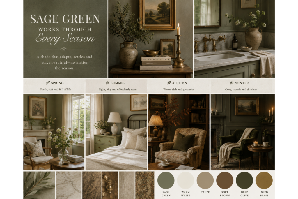 Editorial mood board showing sage green interiors through spring, summer, autumn, and winter, paired with warm white, taupe, natural wood, deep olive, aged brass, and layered vintage textures.