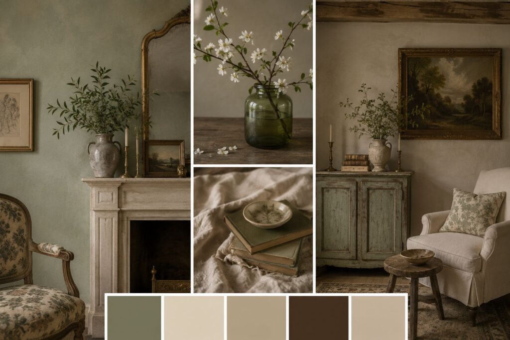 Sage green interior design moodboard with warm ivory, aged wood, antique furniture, natural linen, botanical accents and vintage decor.