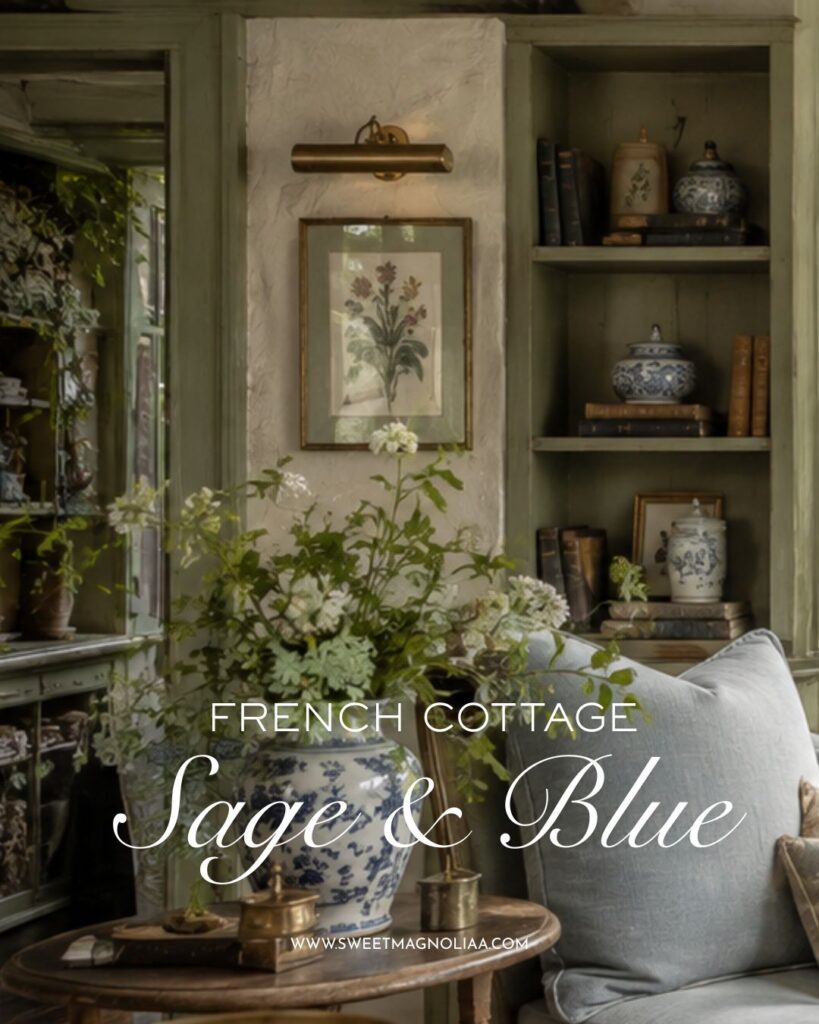 French cottage interior with sage green cabinetry, cornflower blue seating, blue-and-white porcelain, botanical art, antique books and fresh greenery.