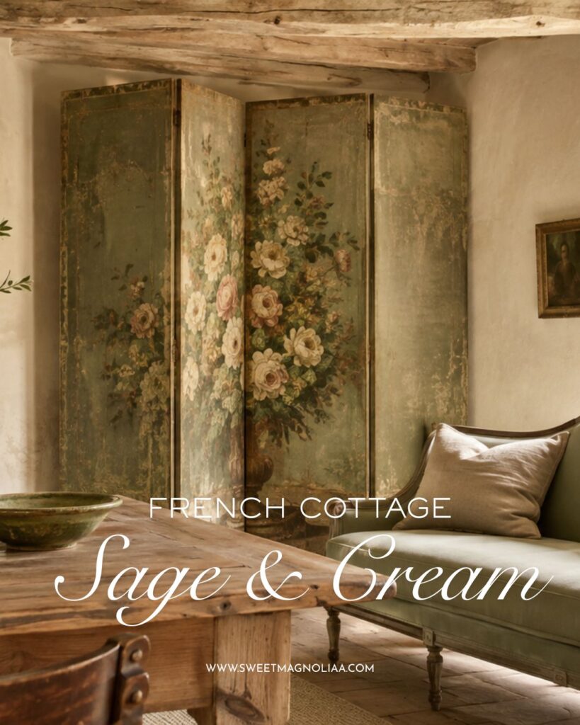 French cottage interior with sage green seating, antique floral screen, cream linen, rustic wood table, aged plaster walls and warm natural textures.