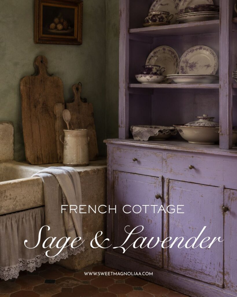 French cottage kitchen with sage green walls, distressed lavender hutch, vintage floral china, aged wood, cream stone sink and warm terracotta floors.