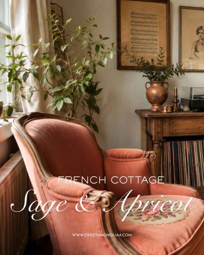 French cottage interior with warm apricot velvet chairs, leafy sage green accents, antique wood furniture, copper decor, cream walls and vintage artwork.