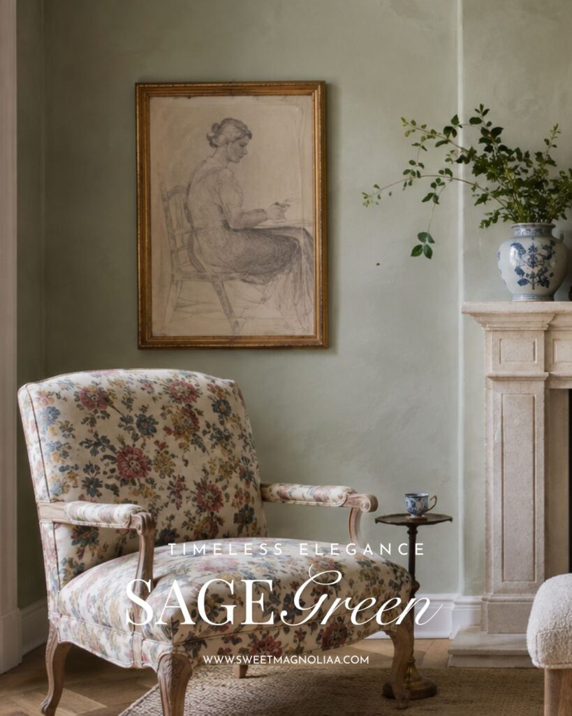 Sage green French cottage interior with a vintage floral folding screen, rustic wood table, exposed ceiling beams, and an antique upholstered bench.
