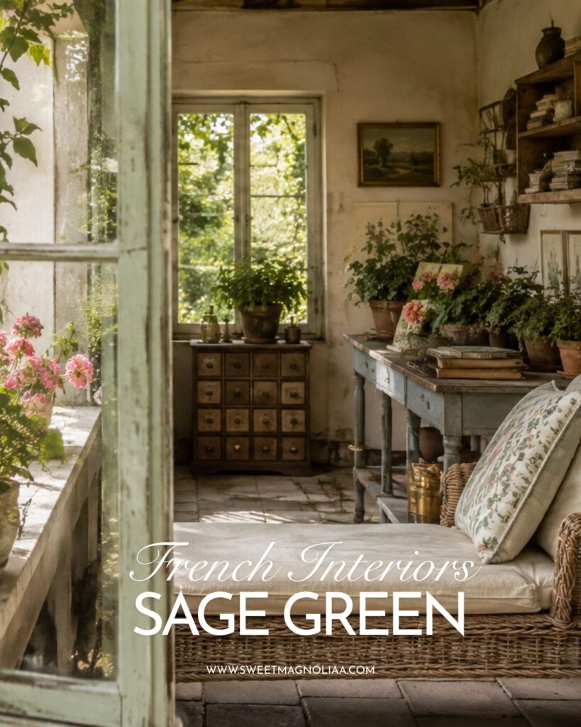 Sunlit French cottage interior with sage green furniture, antique drawers, botanical art, wicker seating, potted plants and softly weathered plaster walls.