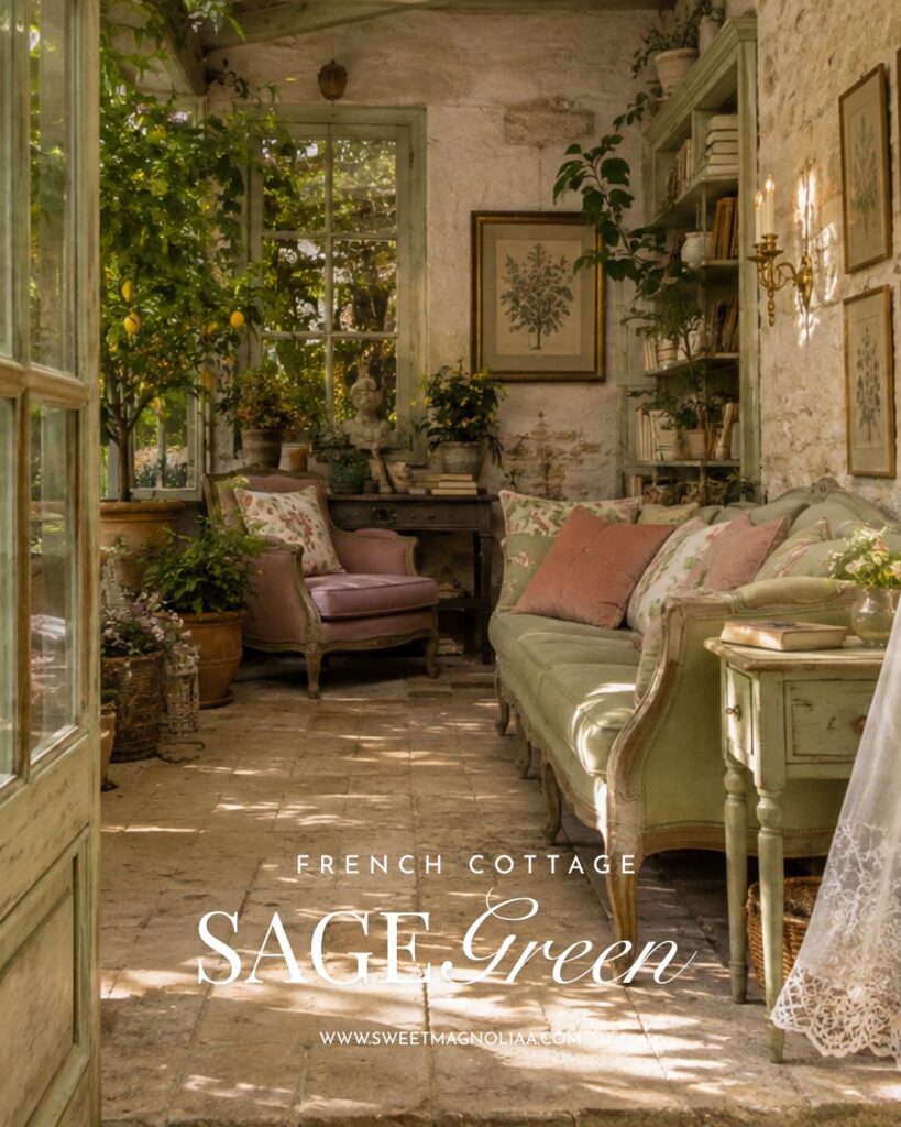 Romantic French cottage sitting room with sage green sofa, blush chairs, botanical pillows, antique furniture, stone walls and abundant garden greenery.