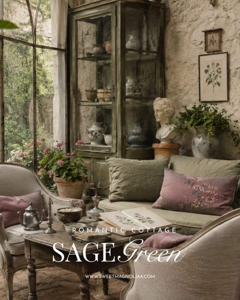 Romantic French cottage living room with sage green seating, blush embroidered pillows, antique furniture, botanical art, aged stone walls and vintage pottery.