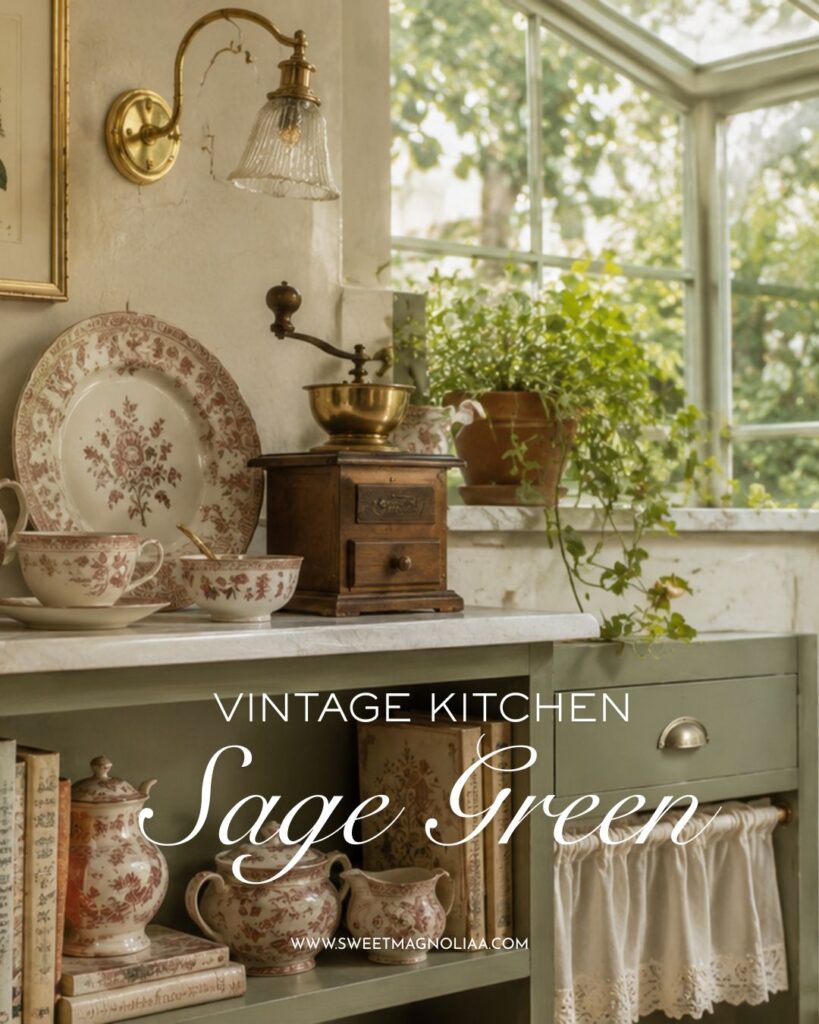 Sunlit French cottage kitchen with sage green cabinetry, vintage floral china, antique coffee grinder, brass lighting, potted herbs and marble countertops.
