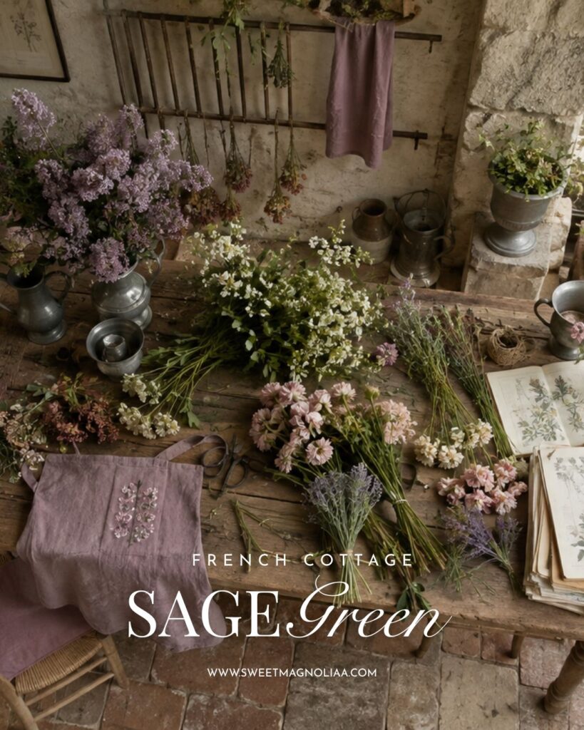 French cottage worktable filled with lavender, wildflowers, aged pewter vessels, botanical books and soft sage green accents against rustic stone walls.