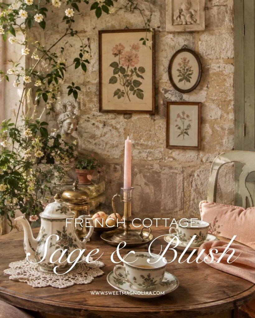 French cottage dining table with sage green accents, blush pink linens, vintage floral china, antique brass, botanical art and rustic stone walls.