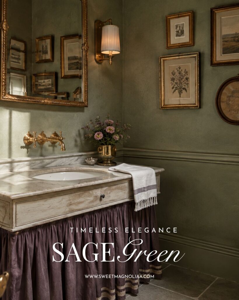Sage green bathroom with marble vanity, antique brass fixtures, gold-framed artwork, and a muted plum fabric skirt, illustrating the timeless elegance of sage green interior design.