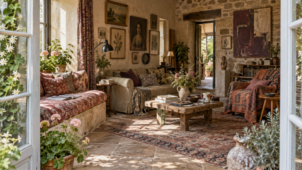 Maximalism in cottage style homes with layered floral textiles, vintage art, rustic wood furniture, patterned rugs, stone walls and collected cottage decor.