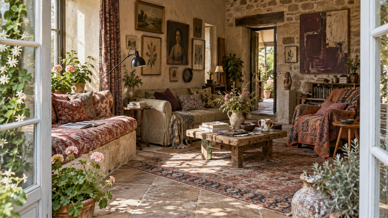Maximalism in cottage style homes with layered floral textiles, vintage art, rustic wood furniture, patterned rugs, stone walls and collected cottage decor.