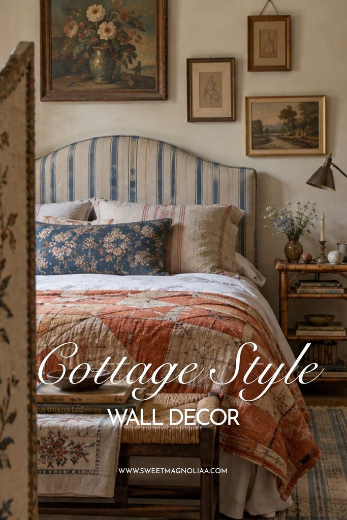 Cozy cottage-style bedroom with vintage framed artwork, a blue striped upholstered headboard, floral pillows, layered patchwork bedding, antique books, and warm collected decor.