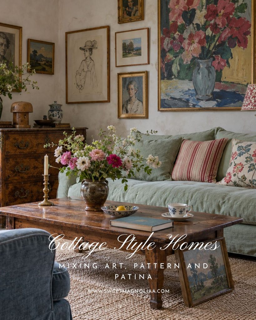 French cottage living room with a sage sofa, floral and striped cushions, collected paintings and aged wood furniture. Text: “Cottage Style Homes: Mixing Art, Pattern and Patina.”
