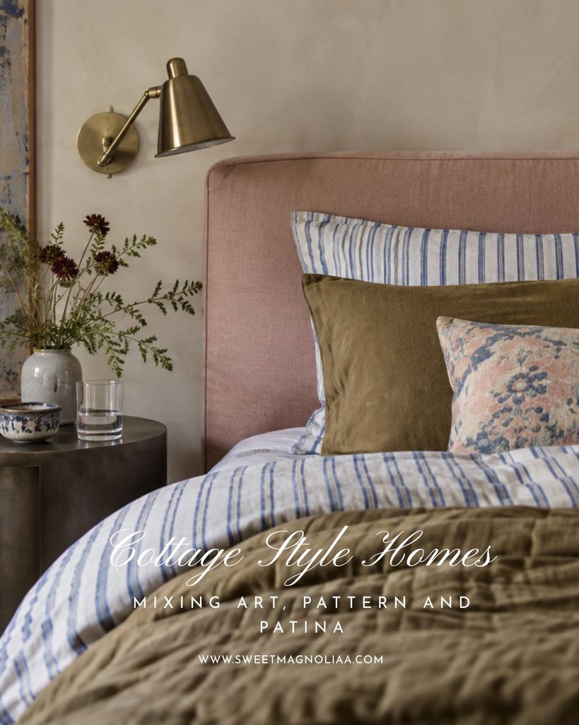 French cottage bedroom with a dusty rose headboard, blue-striped bedding, olive quilt, floral cushion and brass reading lamp.