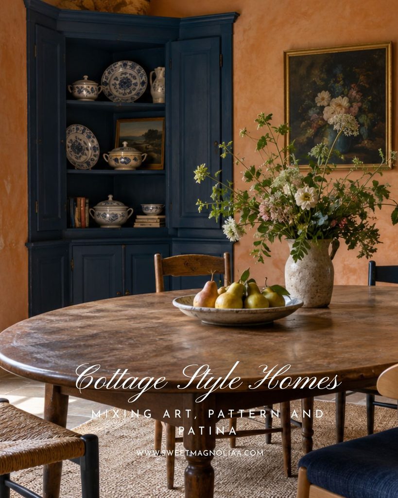 French cottage dining room with an aged wooden table, navy cabinet displaying blue-and-white ceramics, peach plaster walls and floral art.