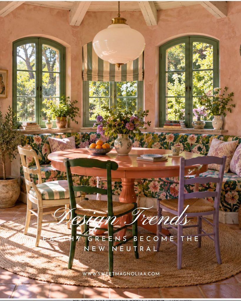 Warm Mediterranean-style dining room with olive green doors and cabinetry, soft pink plaster walls, floral seating, and a rustic dining table.