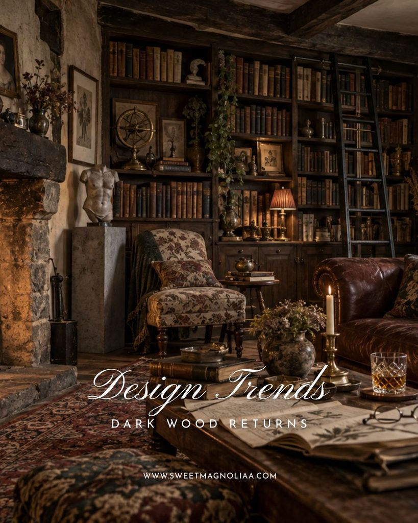 Moody library living room with dark wood bookcases, antique furniture, brown leather seating, vintage books and warm layered lighting.