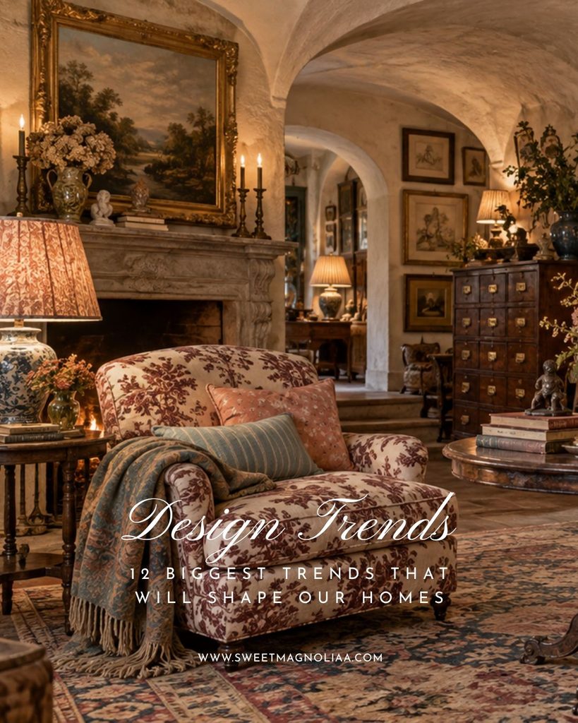 Warm layered living room with a floral armchair, arched plaster walls, antique wood furniture, traditional artwork, patterned rugs and heritage-inspired decor.