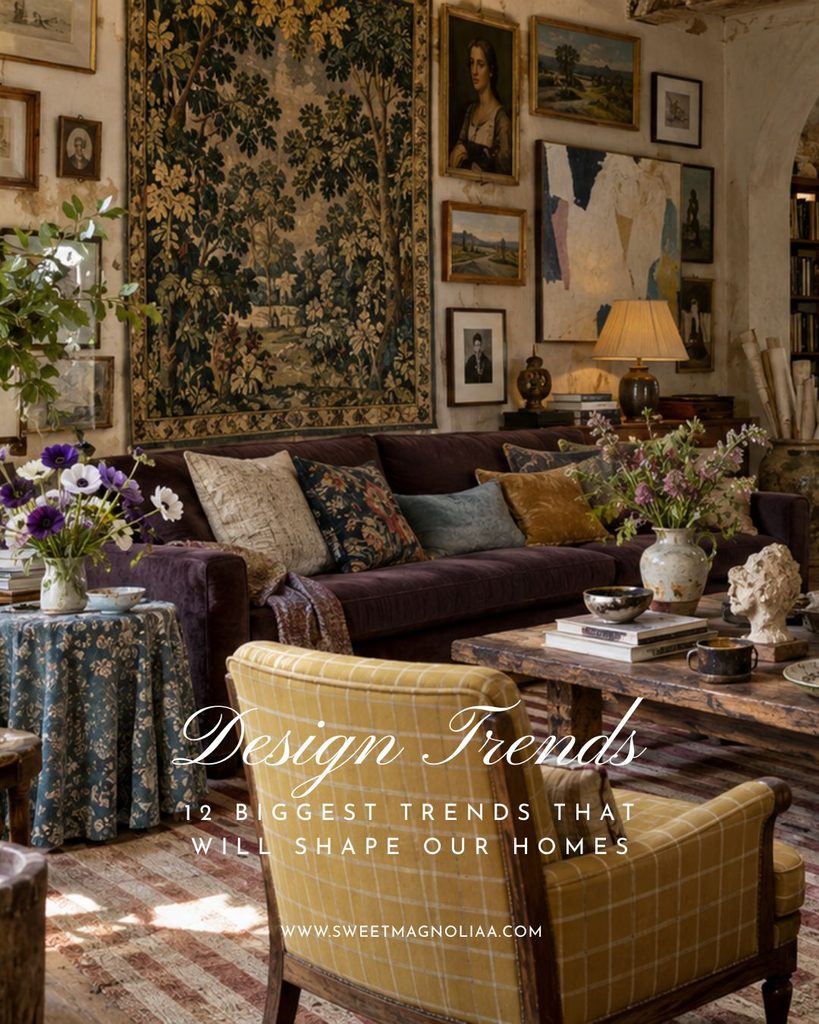 Layered living room with a deep plum sofa, mustard armchair, vintage tapestry, gallery wall, rustic wood coffee table, patterned textiles and collected artwork.