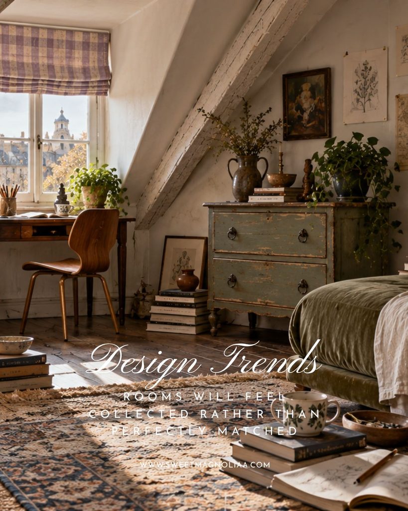 Cozy collected bedroom with vintage furniture, botanical art, layered books, pottery, plants, patterned rug and warm natural textures.