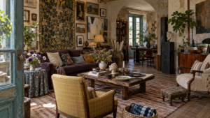 Layered collected living room with vintage furniture, dark wood, heritage artwork, patterned textiles, sculptural decor and warm natural finishes.