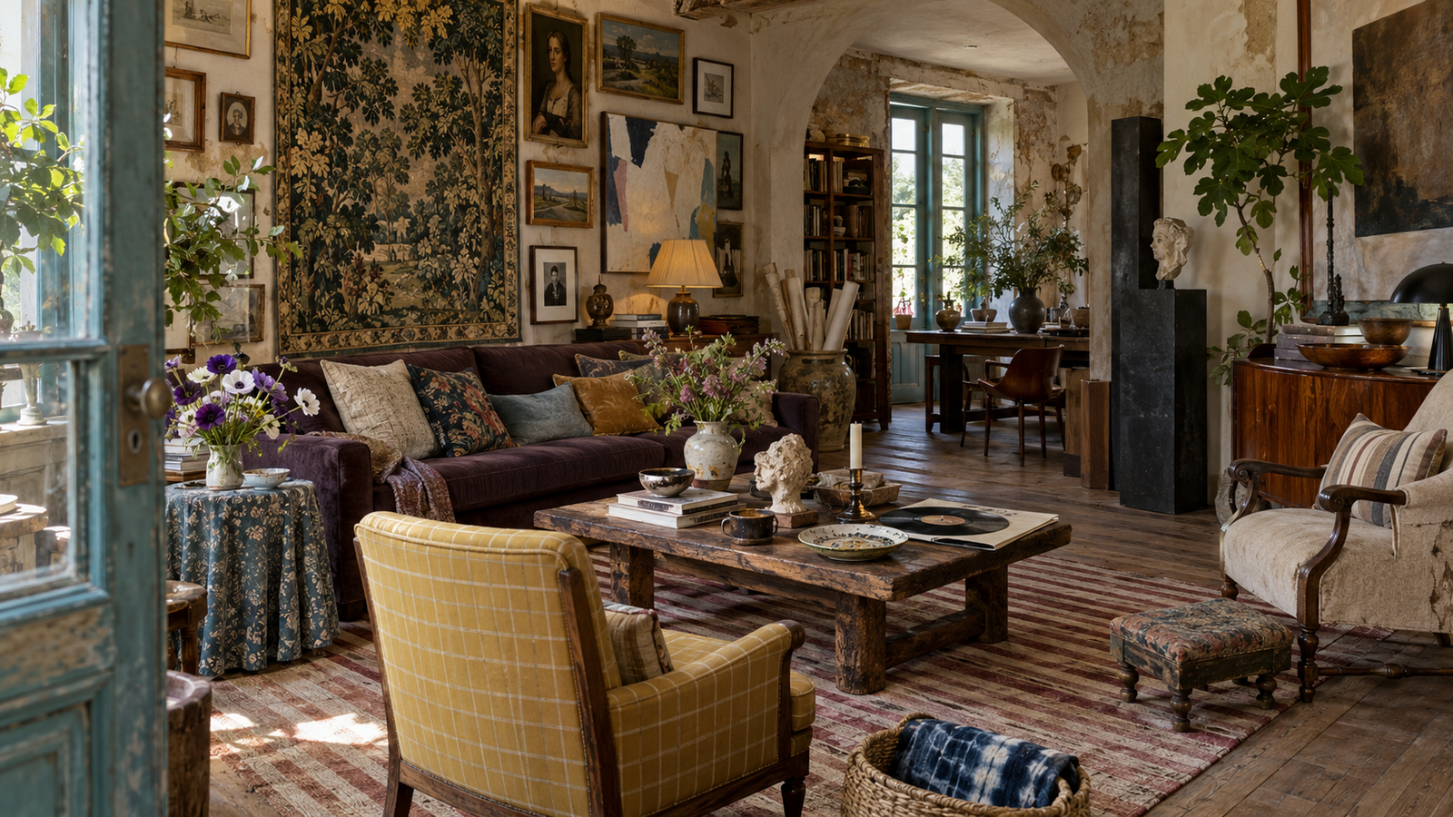 Layered collected living room with vintage furniture, dark wood, heritage artwork, patterned textiles, sculptural decor and warm natural finishes.