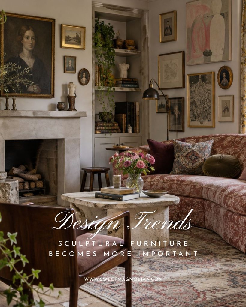 Layered living room with sculptural stone coffee table, curved patterned sofa, vintage wood furniture, gallery-style artwork and warm neutral tones.