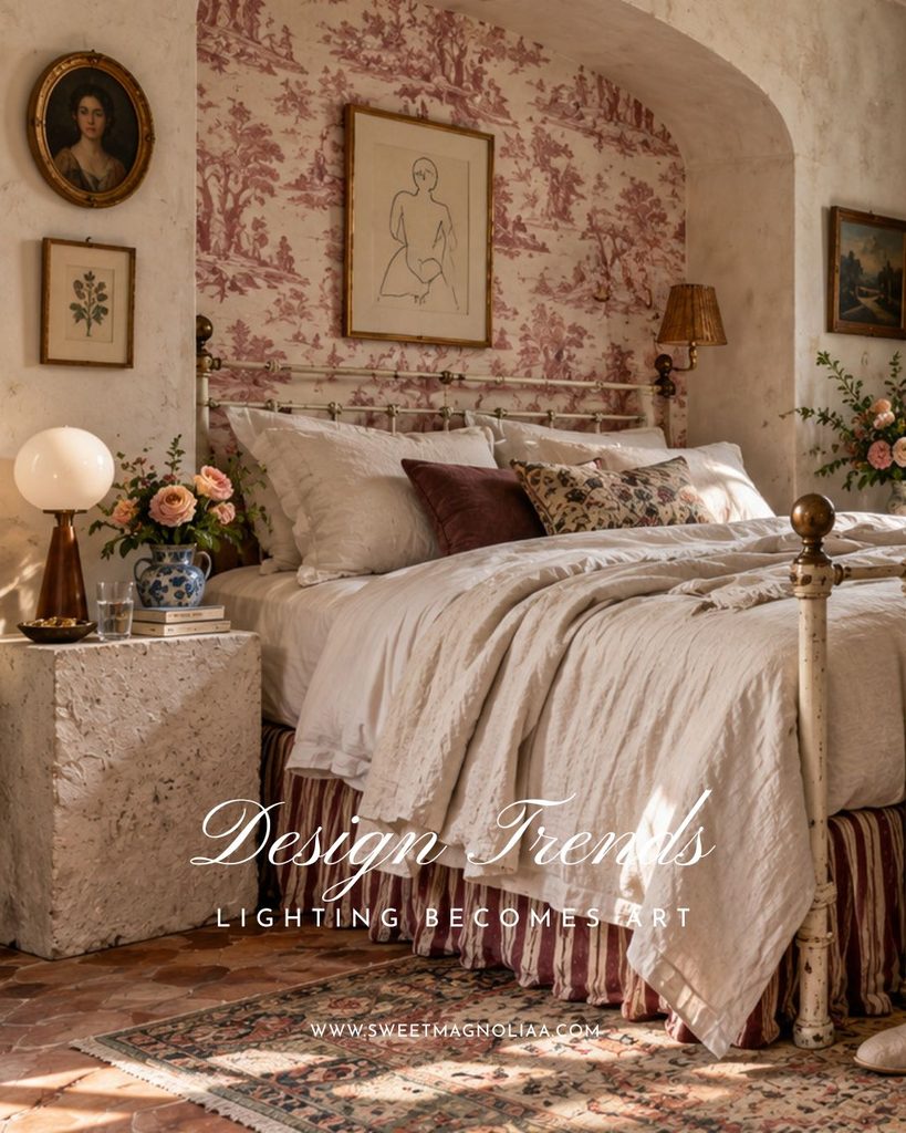 Romantic layered bedroom with toile wallpaper, vintage brass bed, globe table lamp, pleated wall light and soft neutral linens.