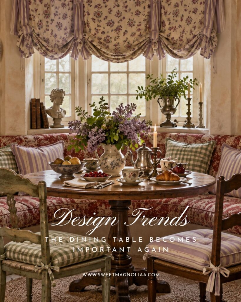 Romantic dining nook with a round wood table, vintage mismatched chairs, floral banquette seating, layered textiles, fresh flowers and an inviting breakfast setting.