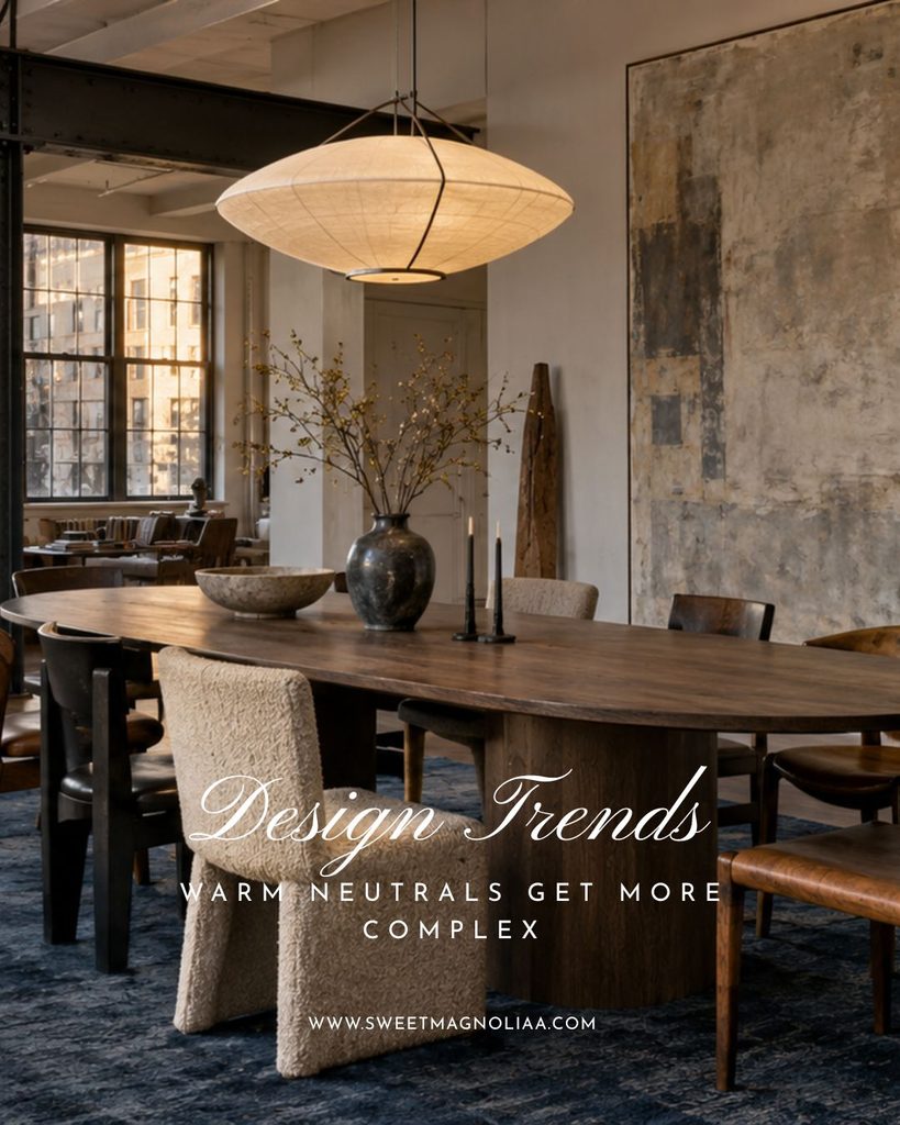Layered warm neutral dining room with taupe plaster walls, dark wood dining table, textured cream chairs, sculptural lighting and earthy artwork.