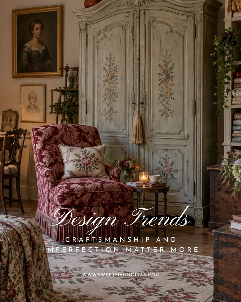 Romantic interior with a distressed hand-painted armoire, floral upholstered chair, embroidered textiles, antique furniture and beautifully aged finishes.