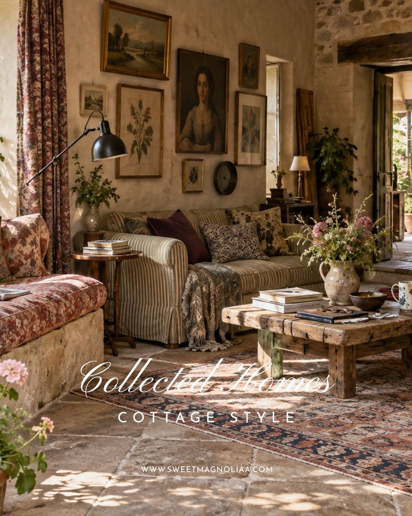 Maximalism in cottage style homes with layered textiles, vintage gallery art, striped sofa, rustic wood furniture, floral patterns and warm collected decor.
