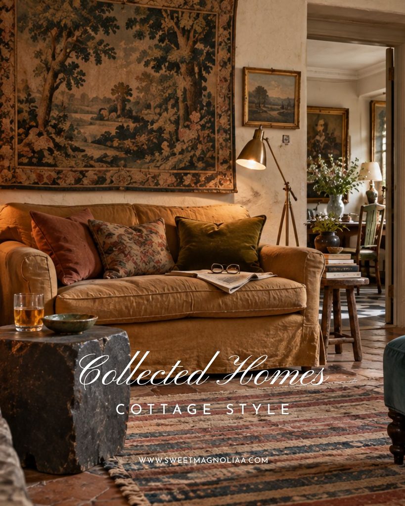 Maximalism in cottage style homes with a velvet sofa, antique tapestry, layered rugs, vintage art, warm lighting and richly collected cottage decor.