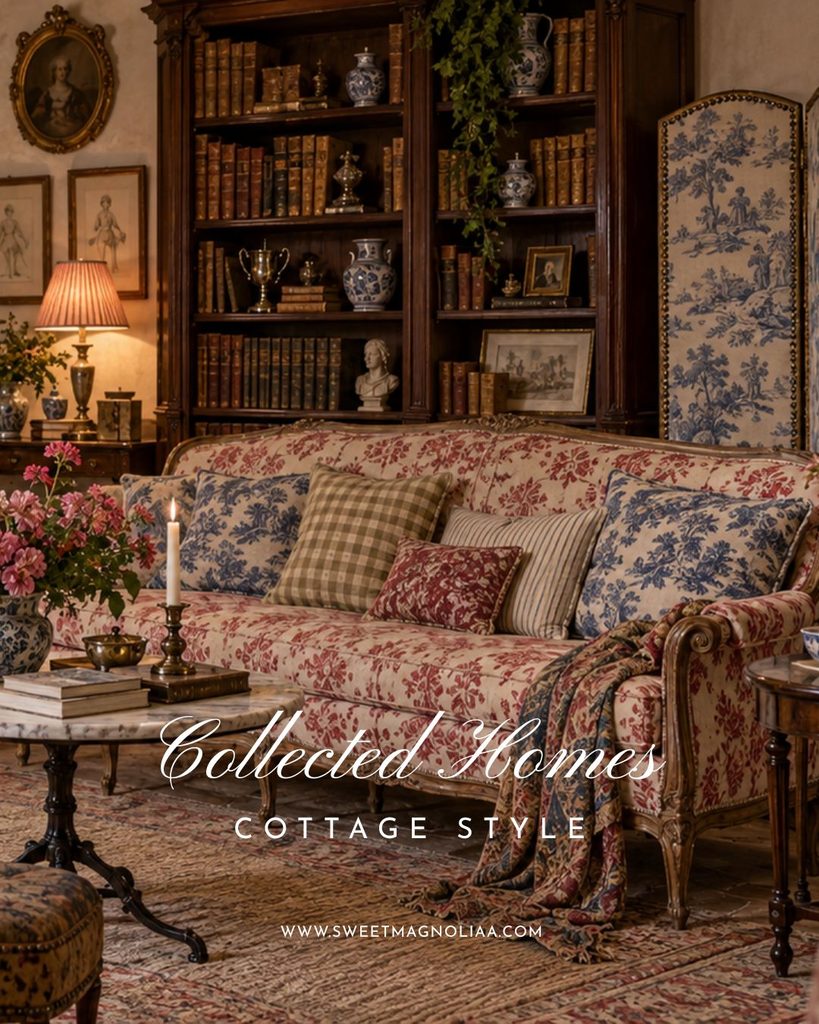 Maximalism in cottage style homes with toile sofa, mixed patterns, antique books, blue-and-white ceramics, vintage art and warm collected decor.