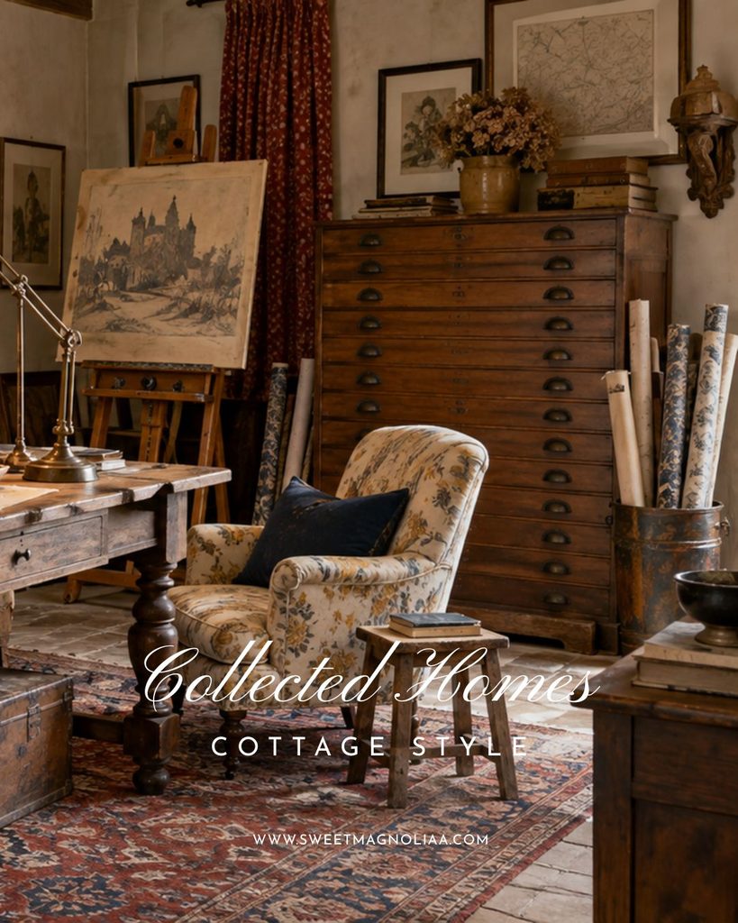 Maximalism in cottage style homes with antique art, floral armchair, vintage wooden drawers, layered rugs, books and a warm collected artist studio aesthetic.