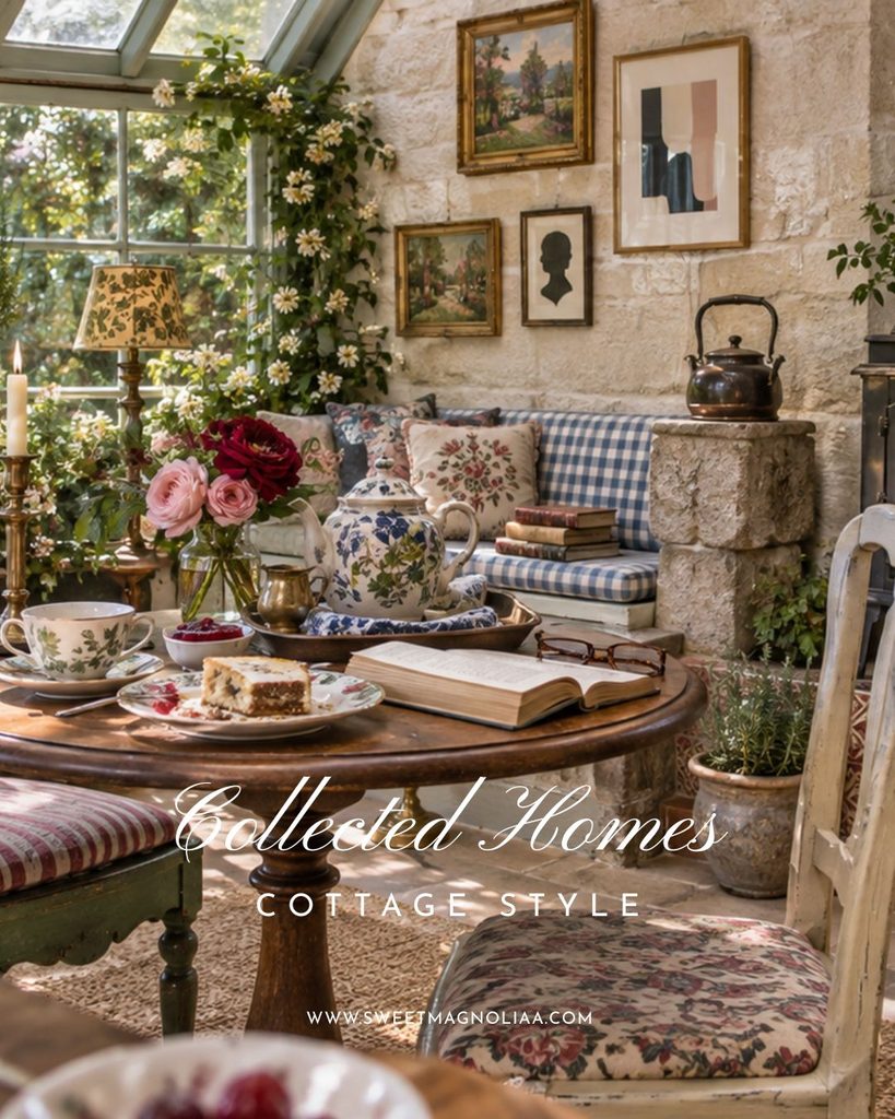 Maximalist cottage-style living room with floral patterns, gingham upholstery, vintage art and collected decor.