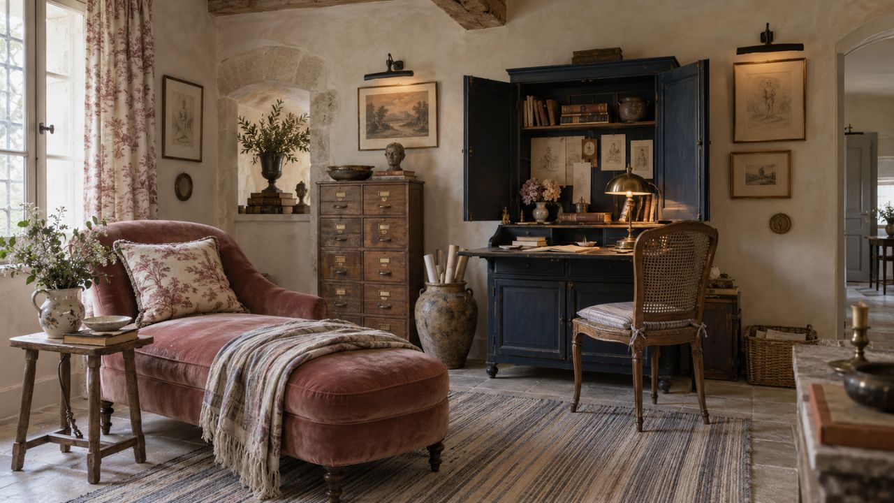 French cottage-style home office with a dark vintage writing desk, cane chair, blush velvet chaise, antique artwork, floral textiles, books, and collected decor.