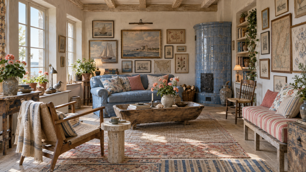 Cottage style living room with gallery wall decor, vintage art, blue sofa, layered rugs, floral textiles, antique furniture and collected cottage charm.