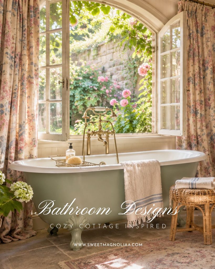 Sage green clawfoot tub with a brass tap under open arched garden windows, floral curtains and climbing roses in a cozy English cottage bathroom remodel