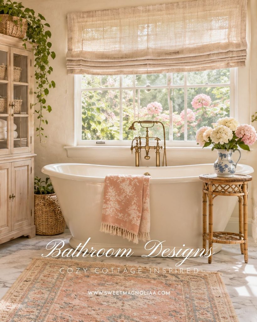 Freestanding white tub under a linen Roman shade with hydrangeas in a blue-and-white pitcher and a whitewashed pine linen cabinet in an English cottage bathroom