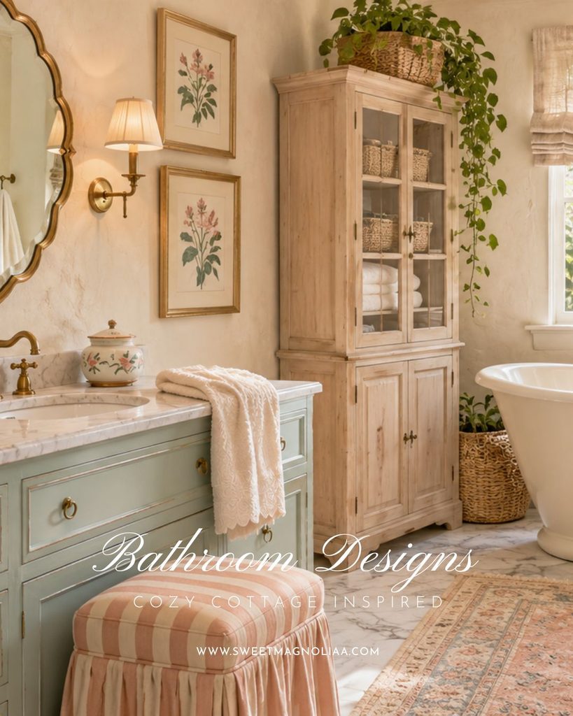 Duck-egg painted bathroom vanity with marble top, scalloped gilt mirror, brass sconces and a striped skirted stool beside a pine cabinet in a cottage bathroom