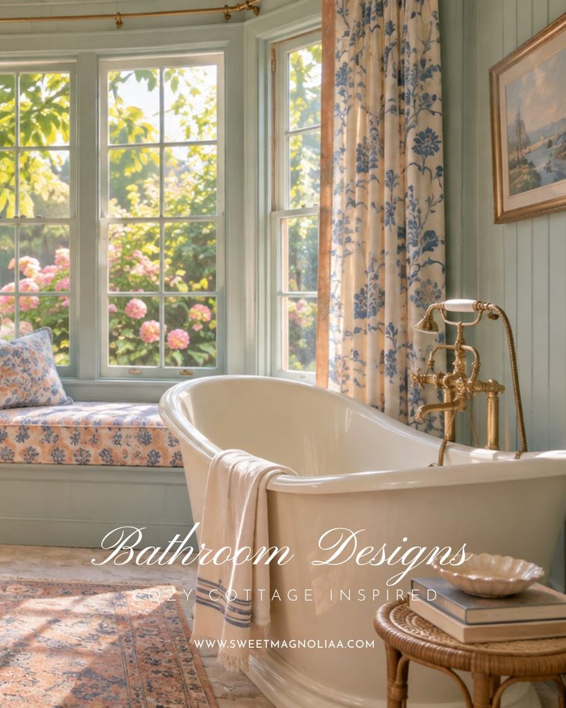 Cream slipper tub in a sage panelled bay window with blue floral curtains, a block print window seat and hydrangeas outside in a cottage style bathroom