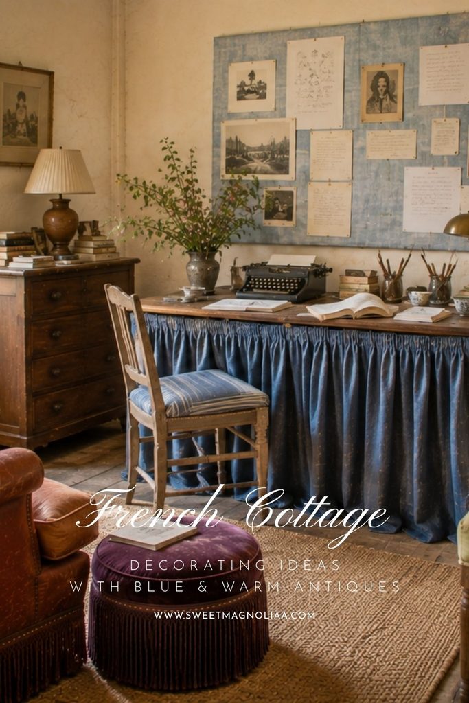 French country decor with blue color repeated through a blue skirted desk, striped antique chair, vintage artwork, warm wood furniture, and collected accessories.