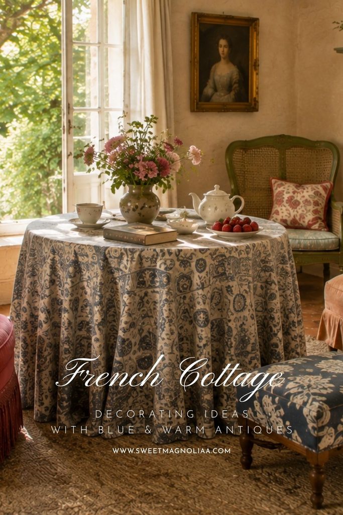 French country decor with a blue color palette, featuring a blue-and-cream patterned tablecloth, antique cane chair, vintage portrait, flowers, and warm cottage details.