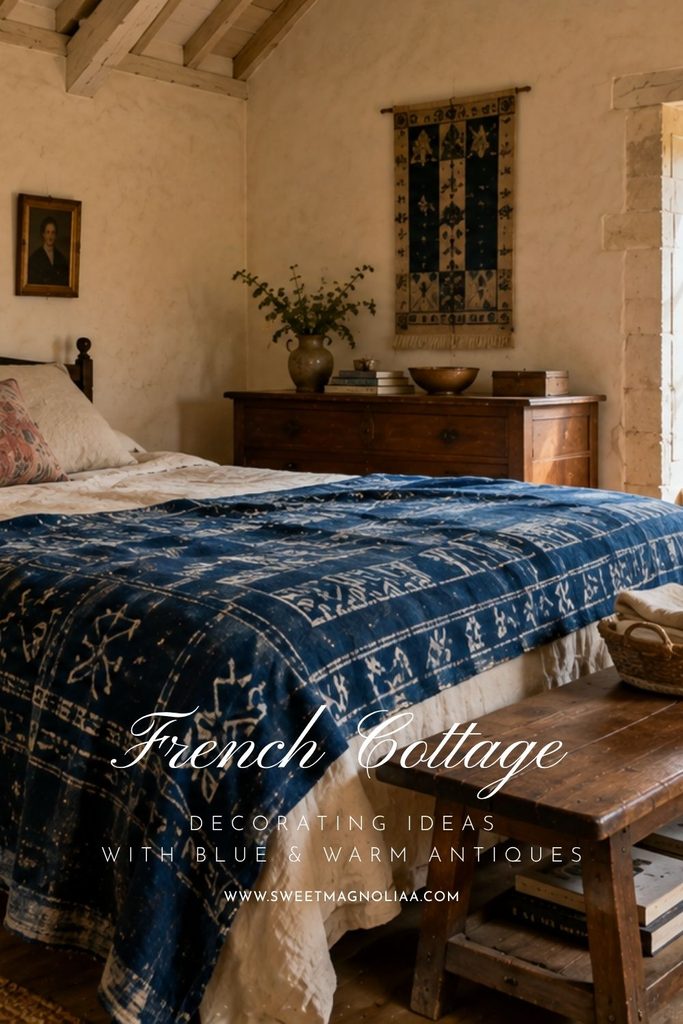 French country decor bedroom with a rich indigo blue patterned coverlet, antique wood furniture, warm cream walls, vintage artwork, and rustic accents.