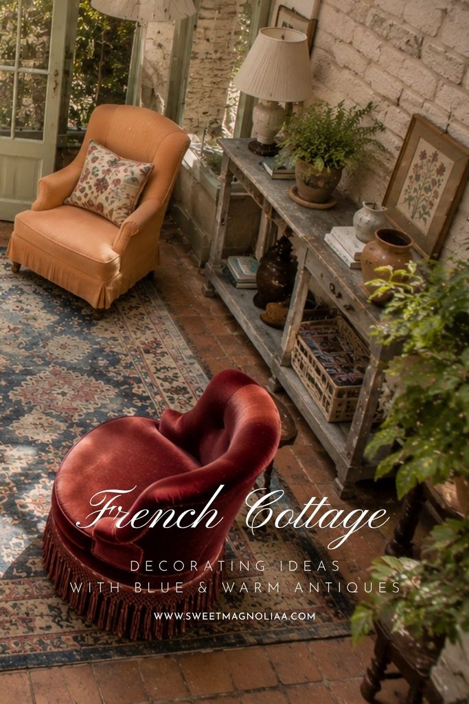 French country decor with a vintage blue rug, coral and burgundy velvet chairs, rustic console table, botanical artwork, pottery, and warm antique accents.